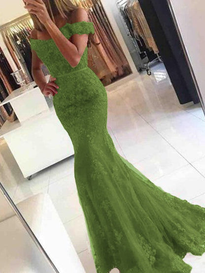 Mermaid Sleeveless Off-the-Shoulder Sweep/Brush Train Tulle With Applique Prom Dress