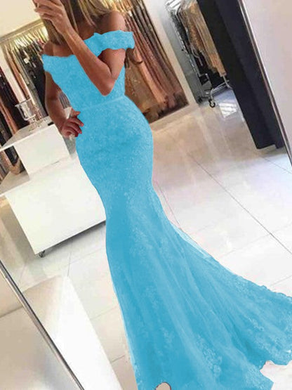 Mermaid Sleeveless Off-the-Shoulder Sweep/Brush Train Tulle With Applique Prom Dress