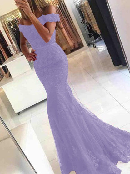 Mermaid Sleeveless Off-the-Shoulder Sweep/Brush Train Tulle With Applique Prom Dress