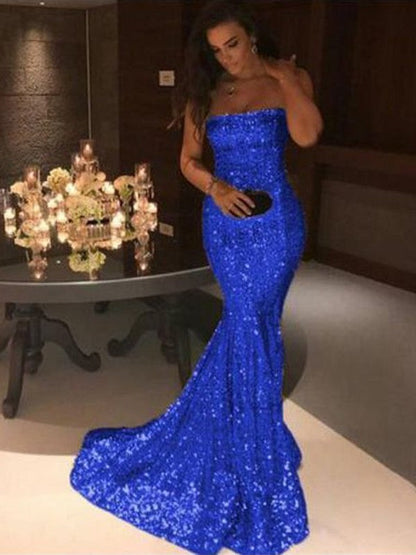 Mermaid Sleeveless Strapless Sweep/Brush Train Sequins Prom Dress