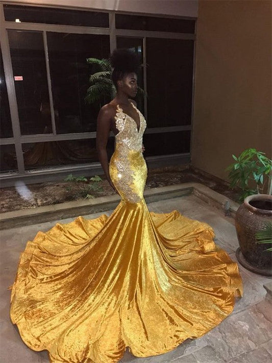Mermaid Sleeveless V-neck Sweep/Brush Train Lace Velvet Prom Dress