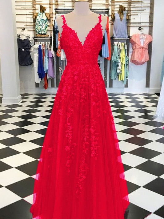 A-Line Sleeveless V-neck Floor-Length With Applique Tulle Prom Dress
