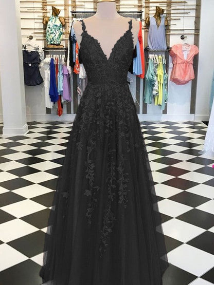 A-Line Sleeveless V-neck Floor-Length With Applique Tulle Prom Dress