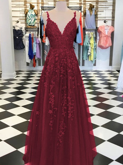 A-Line Sleeveless V-neck Floor-Length With Applique Tulle Prom Dress