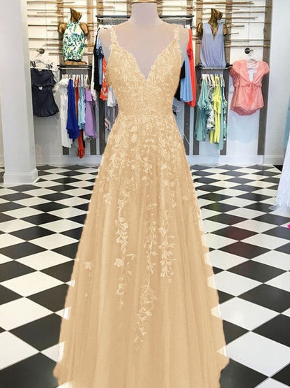 A-Line Sleeveless V-neck Floor-Length With Applique Tulle Prom Dress
