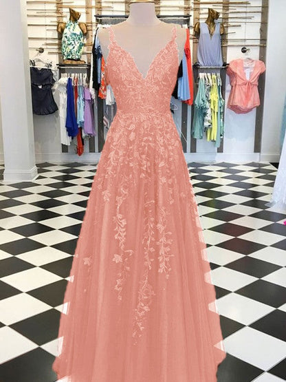 A-Line Sleeveless V-neck Floor-Length With Applique Tulle Prom Dress