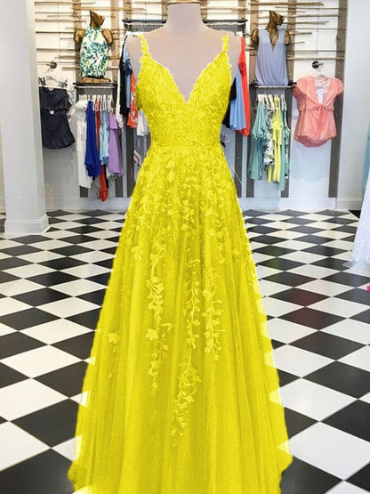A-Line Sleeveless V-neck Floor-Length With Applique Tulle Prom Dress