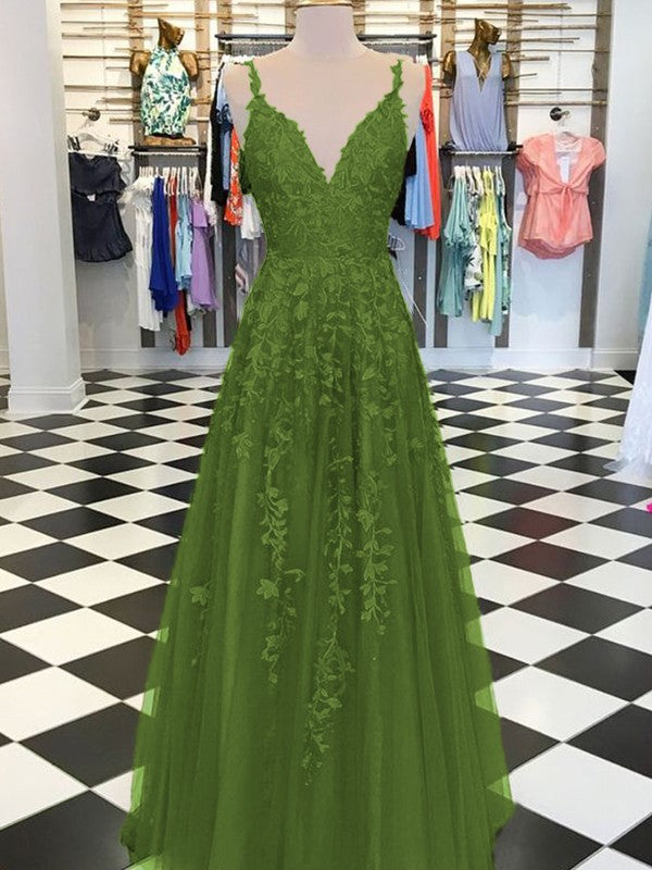 A-Line Sleeveless V-neck Floor-Length With Applique Tulle Prom Dress