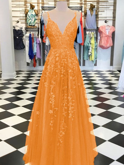 A-Line Sleeveless V-neck Floor-Length With Applique Tulle Prom Dress