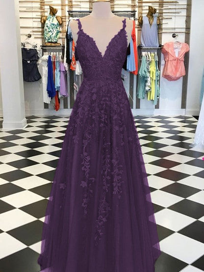 A-Line Sleeveless V-neck Floor-Length With Applique Tulle Prom Dress