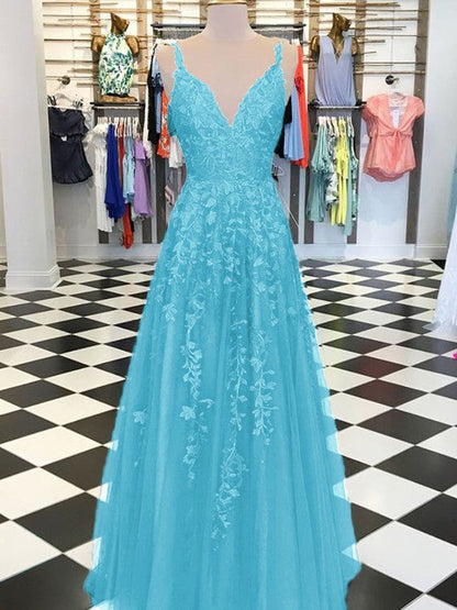 A-Line Sleeveless V-neck Floor-Length With Applique Tulle Prom Dress