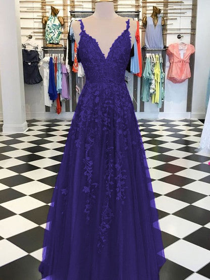 A-Line Sleeveless V-neck Floor-Length With Applique Tulle Prom Dress