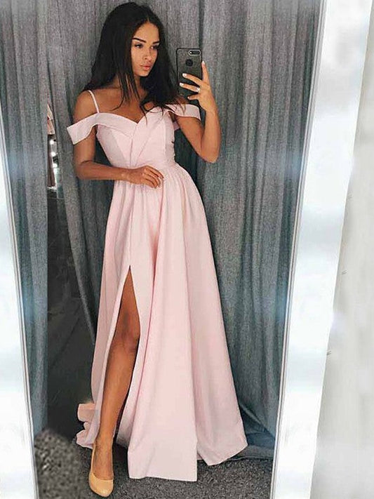 A-Line Sleeveless Off-the-Shoulder Sweep/Brush Train With Ruffles Elastic Woven Satin Prom Dress
