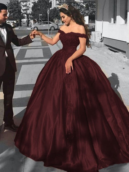 Ball Gown Sleeveless Off-the-Shoulder Sweep/Brush Train Satin Lace Prom Dress