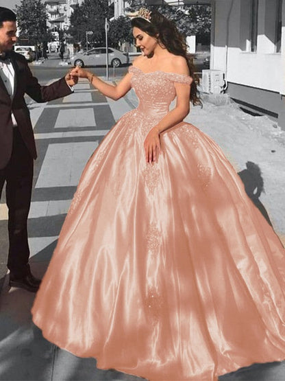 Ball Gown Sleeveless Off-the-Shoulder Sweep/Brush Train Satin Lace Prom Dress