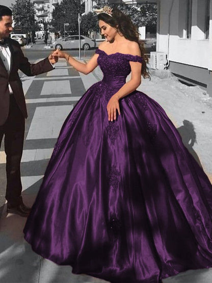 Ball Gown Sleeveless Off-the-Shoulder Sweep/Brush Train Satin Lace Prom Dress