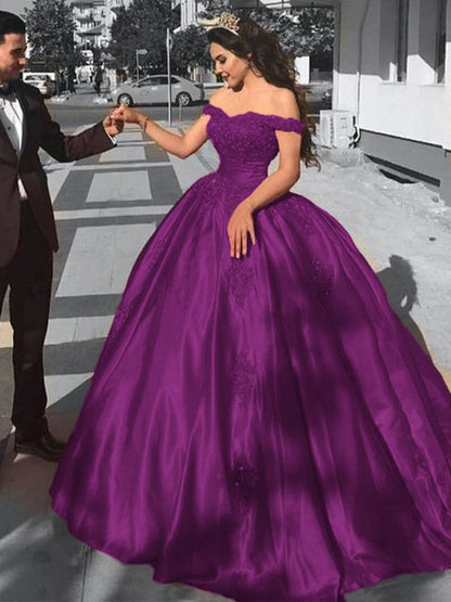 Ball Gown Sleeveless Off-the-Shoulder Sweep/Brush Train Satin Lace Prom Dress