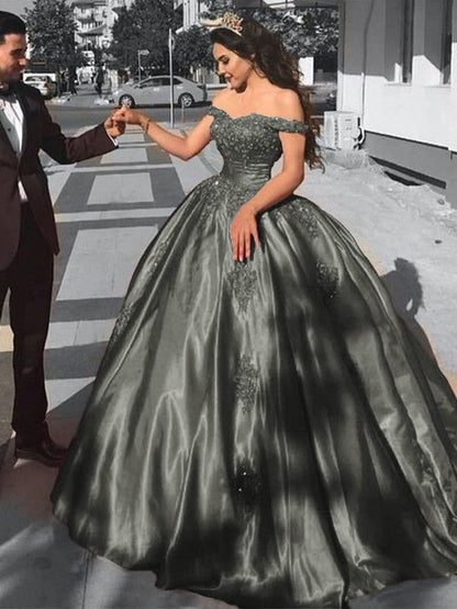 Ball Gown Sleeveless Off-the-Shoulder Sweep/Brush Train Satin Lace Prom Dress