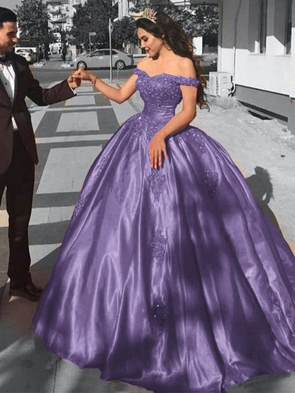 Ball Gown Sleeveless Off-the-Shoulder Sweep/Brush Train Satin Lace Prom Dress