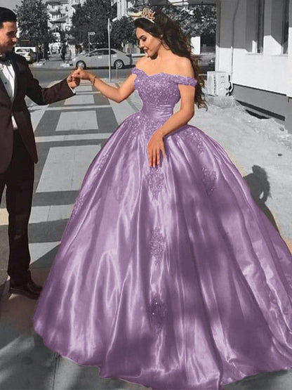 Ball Gown Sleeveless Off-the-Shoulder Sweep/Brush Train Satin Lace Prom Dress