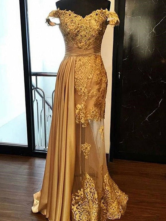 Sheath Sleeveless Off-the-Shoulder Sweep/Brush Train With Applique Elastic Woven Satin Tulle Prom Dress