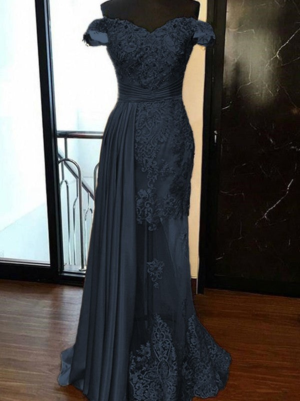 Sheath Sleeveless Off-the-Shoulder Sweep/Brush Train With Applique Elastic Woven Satin Tulle Prom Dress