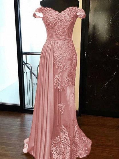 Sheath Sleeveless Off-the-Shoulder Sweep/Brush Train With Applique Elastic Woven Satin Tulle Prom Dress