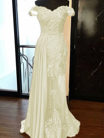 Sheath Sleeveless Off-the-Shoulder Sweep/Brush Train With Applique Elastic Woven Satin Tulle Prom Dress