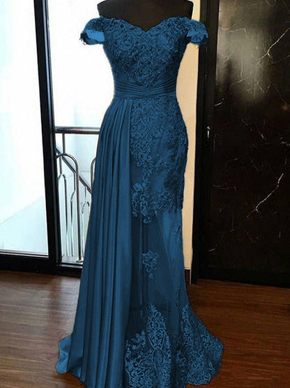Sheath Sleeveless Off-the-Shoulder Sweep/Brush Train With Applique Elastic Woven Satin Tulle Prom Dress