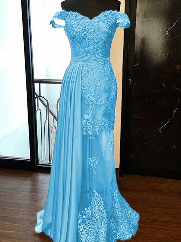 Sheath Sleeveless Off-the-Shoulder Sweep/Brush Train With Applique Elastic Woven Satin Tulle Prom Dress