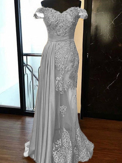 Sheath Sleeveless Off-the-Shoulder Sweep/Brush Train With Applique Elastic Woven Satin Tulle Prom Dress