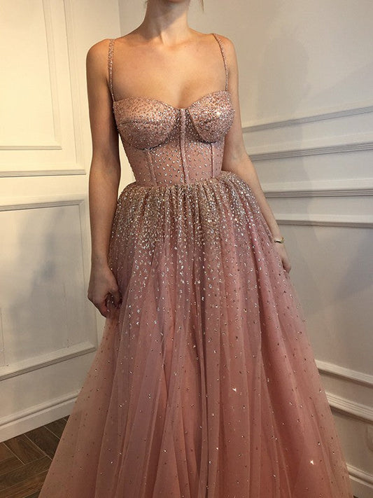 A-Line Sleeveless Spaghetti Straps Floor-Length With Beading Tulle Prom Dress