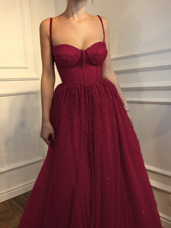 A-Line Sleeveless Spaghetti Straps Floor-Length With Beading Tulle Prom Dress