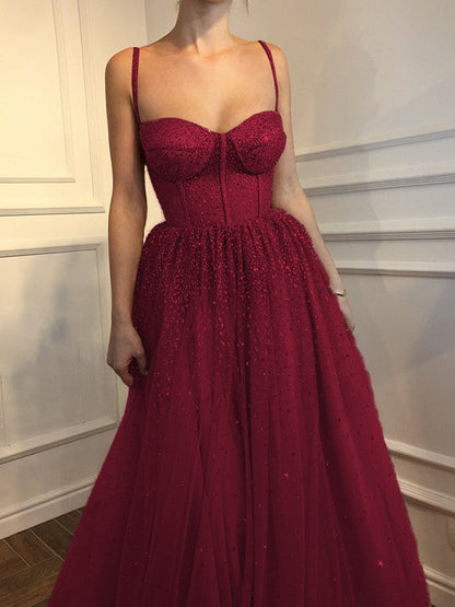 A-Line Sleeveless Spaghetti Straps Floor-Length With Beading Tulle Prom Dress