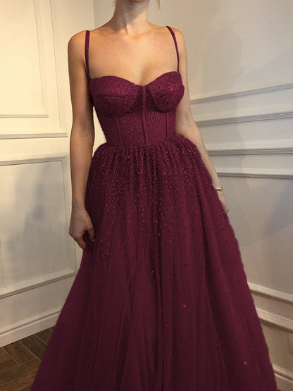 A-Line Sleeveless Spaghetti Straps Floor-Length With Beading Tulle Prom Dress