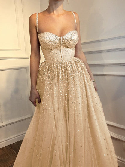 A-Line Sleeveless Spaghetti Straps Floor-Length With Beading Tulle Prom Dress