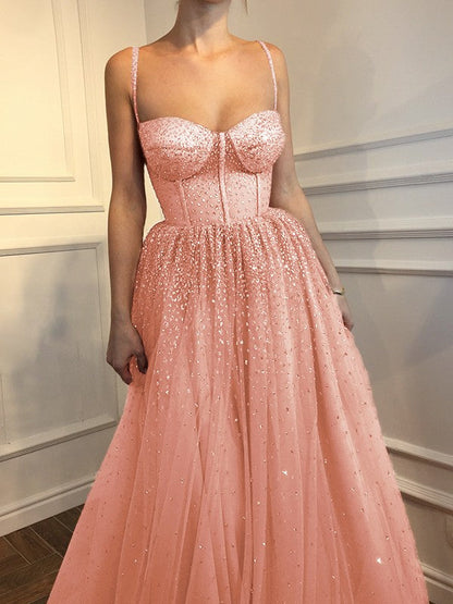 A-Line Sleeveless Spaghetti Straps Floor-Length With Beading Tulle Prom Dress