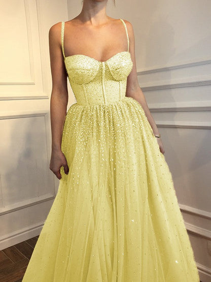 A-Line Sleeveless Spaghetti Straps Floor-Length With Beading Tulle Prom Dress