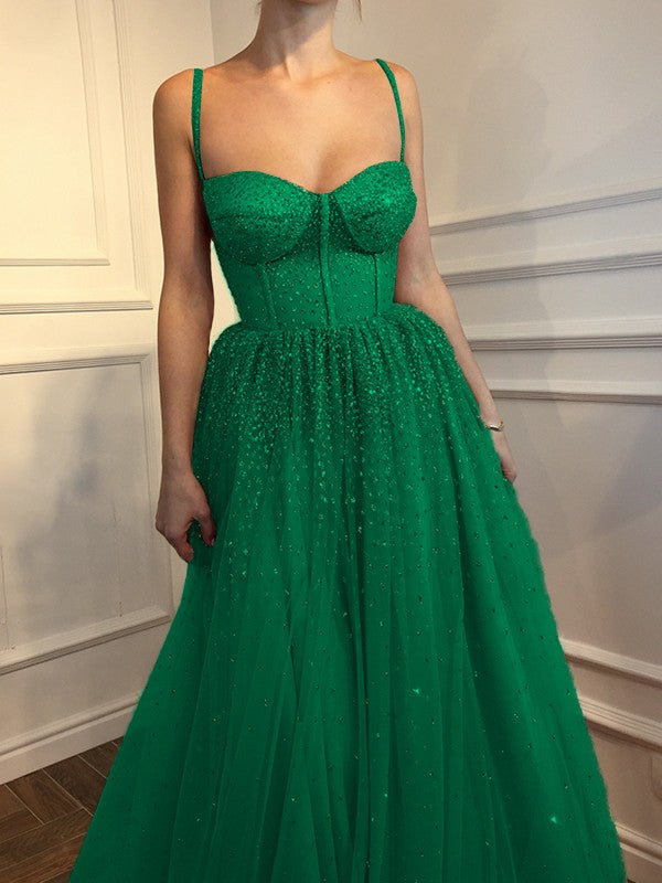 A-Line Sleeveless Spaghetti Straps Floor-Length With Beading Tulle Prom Dress