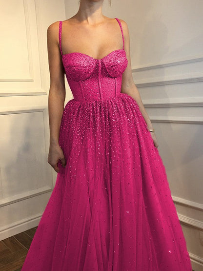 A-Line Sleeveless Spaghetti Straps Floor-Length With Beading Tulle Prom Dress