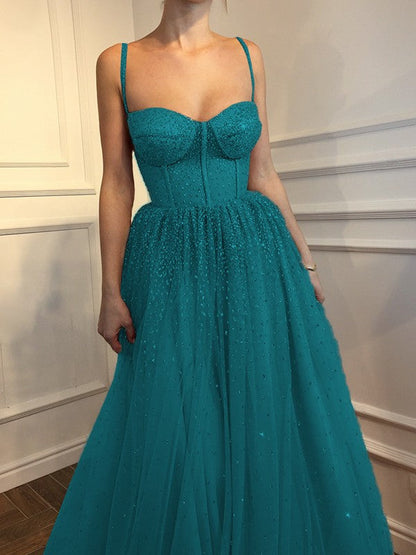 A-Line Sleeveless Spaghetti Straps Floor-Length With Beading Tulle Prom Dress
