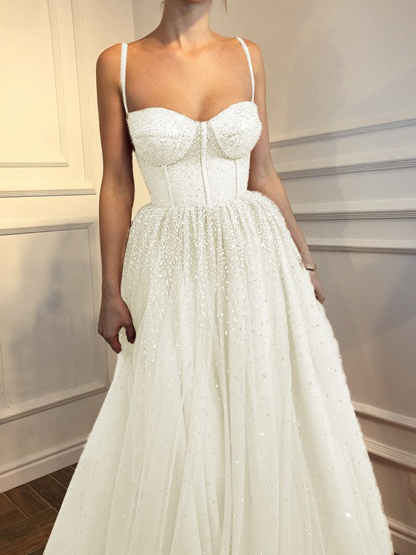 A-Line Sleeveless Spaghetti Straps Floor-Length With Beading Tulle Prom Dress
