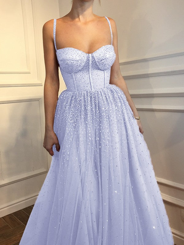 A-Line Sleeveless Spaghetti Straps Floor-Length With Beading Tulle Prom Dress