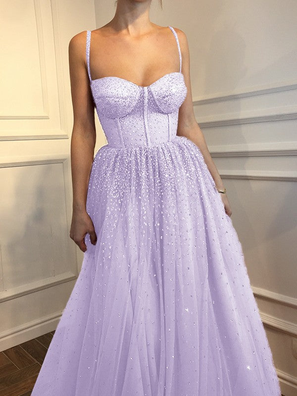 A-Line Sleeveless Spaghetti Straps Floor-Length With Beading Tulle Prom Dress
