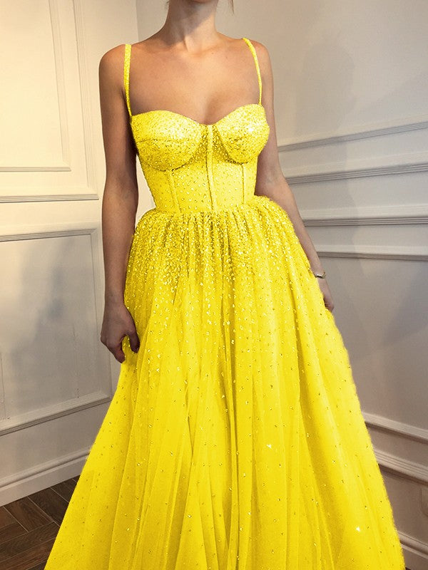 A-Line Sleeveless Spaghetti Straps Floor-Length With Beading Tulle Prom Dress