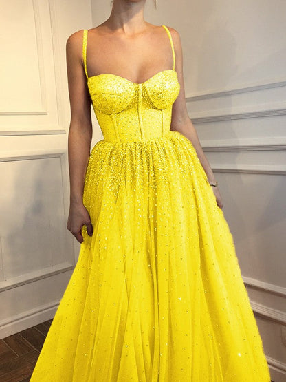 A-Line Sleeveless Spaghetti Straps Floor-Length With Beading Tulle Prom Dress