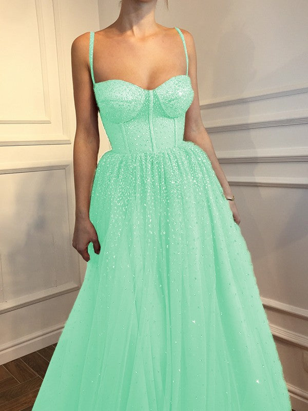 A-Line Sleeveless Spaghetti Straps Floor-Length With Beading Tulle Prom Dress