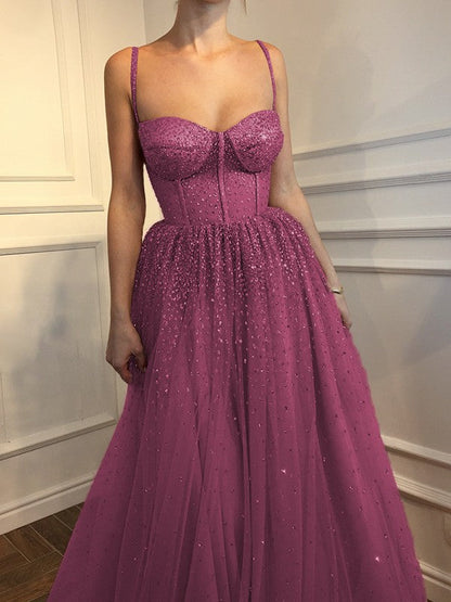 A-Line Sleeveless Spaghetti Straps Floor-Length With Beading Tulle Prom Dress