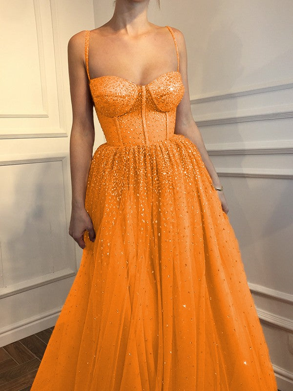 A-Line Sleeveless Spaghetti Straps Floor-Length With Beading Tulle Prom Dress