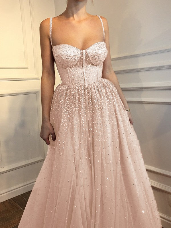 A-Line Sleeveless Spaghetti Straps Floor-Length With Beading Tulle Prom Dress